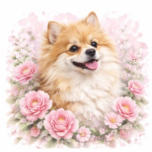 May include: A watercolour illustration of a Pomeranian dog with a happy expression, surrounded by pink flowers and greenery. The dog has light brown fur and a pink tongue. The background features soft pink watercolour washes.