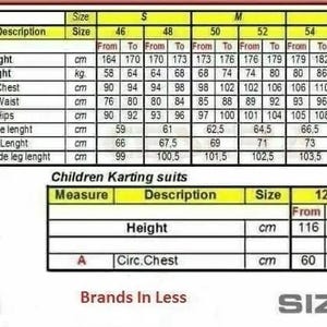 May include: A karting suit size chart with measurements in centimetres and kilograms. It details adult and children's sizes, including height, weight, chest, waist, hips, sleeve length, body length, and outside leg length.