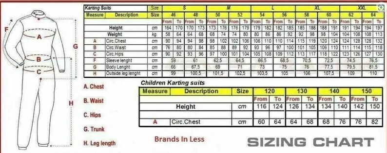 May include: A karting suit size chart with measurements in centimetres and kilograms. It details adult and children's sizes, including height, weight, chest, waist, hips, sleeve length, body length, and outside leg length.