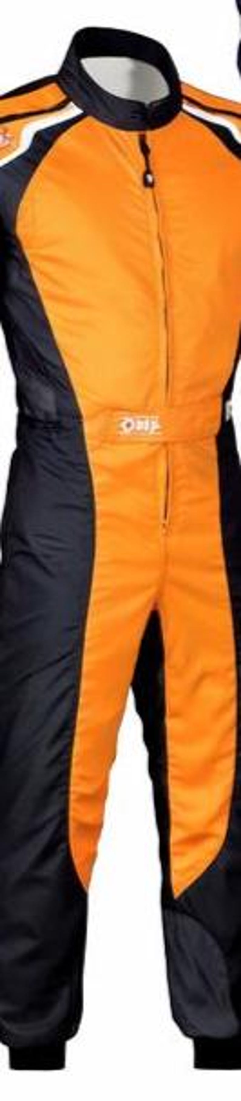 May include: A full-body racing suit featuring a vibrant orange and black color scheme. The suit has a high collar, a central zipper closure, and a waist belt with the OMP logo printed in white. The design includes black side panels.