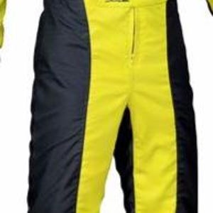 May include: A bright yellow and black racing suit featuring a high collar, a central zipper closure, and long sleeves. The garment displays the OMP brand logo on the chest and shoulders, with white accent piping along the upper torso and arms.