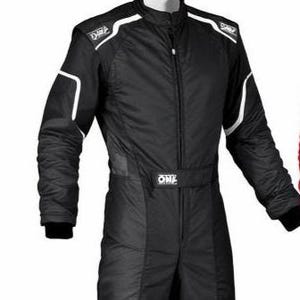 May include: A black racing suit featuring a high collar, a central zipper closure, and white piping accents along the shoulders and sleeves. The garment displays the OMP brand logo on the shoulder epaulets and a central waist belt.