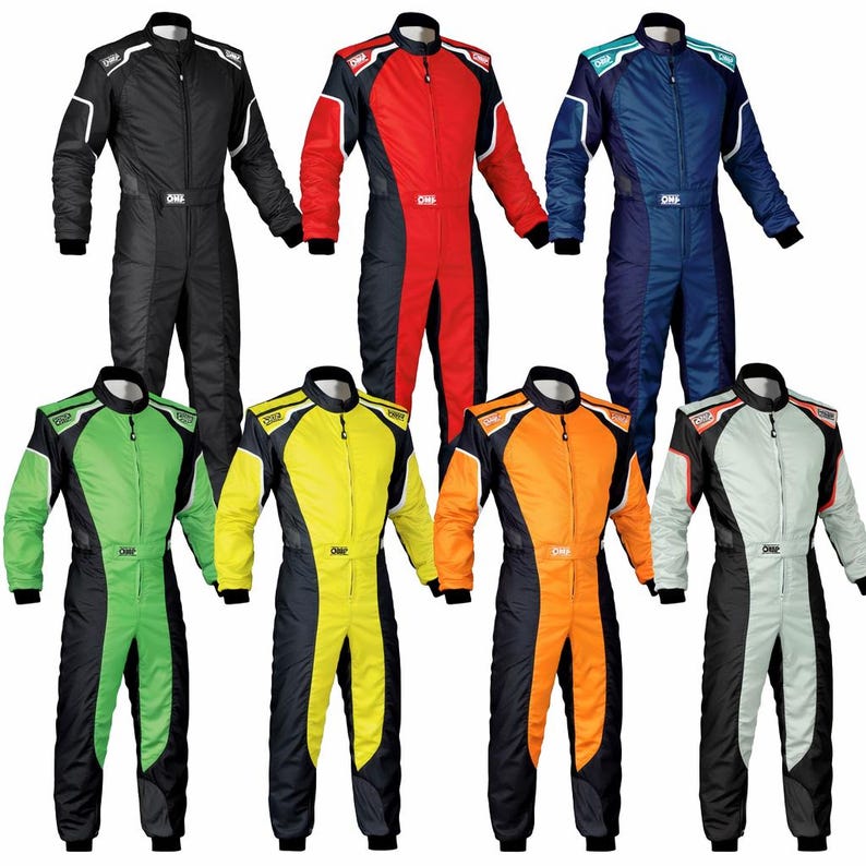 May include: Seven OMP racing suits displayed in a grid, each featuring a full-length front zipper, a high collar, and long sleeves. The suits come in various color combinations including black, red, blue, green, yellow, orange, and light gray.