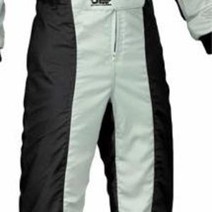 May include: A light gray and black racing suit featuring a central zipper closure, long sleeves with red accents, and the OMP logo printed on the chest and shoulder areas. The garment has a fitted silhouette with black side panels and cuffs.