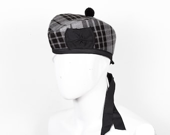 Casquette grise en tartan avec montre - Chapeau Glengarry avec montre grise - Montre militaire Piper grise - Chapeau kilt en tartan gris avec montre dans toutes les tailles