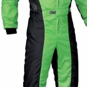May include: A bright green and black racing suit featuring a high collar, a full-length front zipper, and long sleeves with black cuffs. The garment includes white piping accents along the shoulders and the OMP logo on the chest and waist belt.
