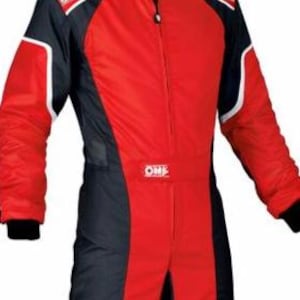 May include: A red and black racing suit featuring a high collar, a central zipper closure, and long sleeves with black cuffs. The garment displays the OMP logo on the chest and shoulders, with white piping accents along the shoulders and arms.