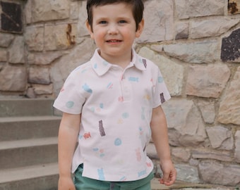 Camisa polo infantil masculina 100% algodão Pima com estampa de Páscoa/Primavera.