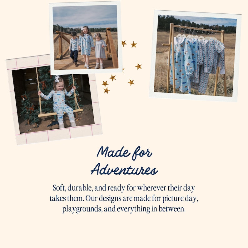 Pode incluir: Uma colagem de roupas infantis e crian&ccedil;as brincando ao ar livre. A imagem inclui crian&ccedil;as vestindo roupas estampadas em azul e branco e um balan&ccedil;o. O texto diz "Made for Adventures."