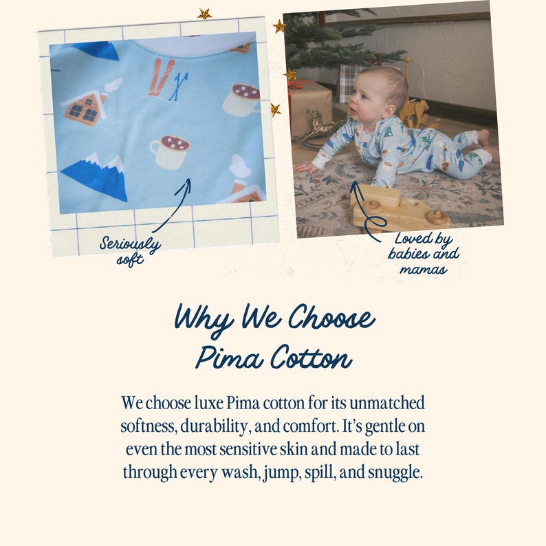 Pode incluir: Pijama de beb&eacute; azul claro com um padr&atilde;o de inverno de casas, montanhas, esquis e canecas. O texto "Seriously soft" est&aacute; inclu&iacute;do. Um beb&eacute; &eacute; mostrado a usar um pijama semelhante. O texto "Loved by babies and mamas" est&aacute; inclu&iacute;do.