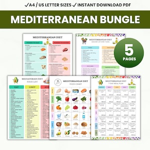 Afdrukbaar mediterraan dieetmaaltijdplan, overzicht hart-gezonde voeding, bundel, pdf-boodschappenlijst