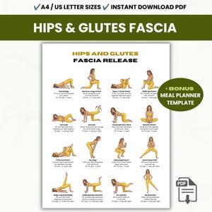 Op de afbeelding: Een digitaal oefenschema getiteld HIPS AND GLUTES FASCIA RELEASE met zestien illustraties van een persoon in gele sportkleding die verschillende rekoefeningen en bewegingen uitvoert met bijbehorende tekstuele instructies.