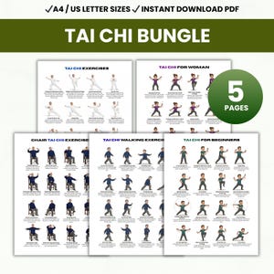 Puede incluir: Un paquete de cinco guías imprimibles de ejercicios de Tai Chi. Las guías incluyen instrucciones para varios ejercicios de Tai Chi, incluidos ejercicios para principiantes, ejercicios de marcha y ejercicios de silla. El texto en la parte superior dice "TAI CHI BUNGLE".