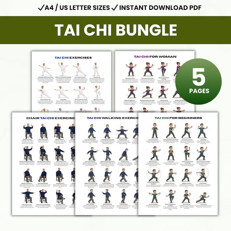 May include: A bundle of five printable Tai Chi exercise guides. The guides include instructions for various Tai Chi exercises, including exercises for beginners, walking exercises, and chair exercises. The text on the top reads "TAI CHI BUNGLE".