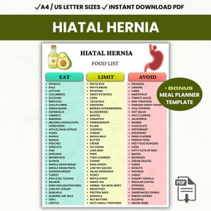 May include: A printable PDF guide for a hiatal hernia food list, with sections for foods to eat, limit, and avoid. Includes a bonus meal planner template. The document is designed for A4/US letter sizes.