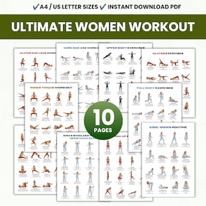 Peut inclure: Un guide d'entraînement numérique de 10 pages avec le texte ULTIMATE WOMEN WORKOUT. Les pages présentent diverses illustrations d'exercices pour les fessiers, les jambes, le tronc, les abdos, le haut du corps, les cuisses et la récupération.