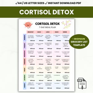 Plan de comidas imprimible de 7 días para desintoxicar el cortisol, bajo nivel de cortisol, guía nutricional para combatir el estrés, lista de alimentos para aliviar el estrés, lista de la compra en PDF