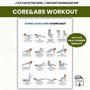 May include: A white printable workout guide with the text "CORE & ABS WORKOUT" and exercise illustrations. Includes a bonus meal planner template. The guide is available in A4 and US Letter sizes as an instant PDF download.