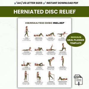 May include: A digital exercise chart titled Herniated Disc Relief featuring fourteen illustrated figures performing various physical therapy movements. Each exercise includes a label and instructions for repetitions, set counts, and duration times.