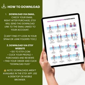 K&ouml;nnte beinhalten: Ein digitales Tablet mit "Wasser-Aerobic-&Uuml;bungen" und &Uuml;bungsillustrationen. Das Tablet wird von H&auml;nden gehalten, mit Download-Anweisungen auf der linken Seite. Der Hintergrund ist gr&uuml;n. Der Text enth&auml;lt Etsy-Download-Anweisungen.