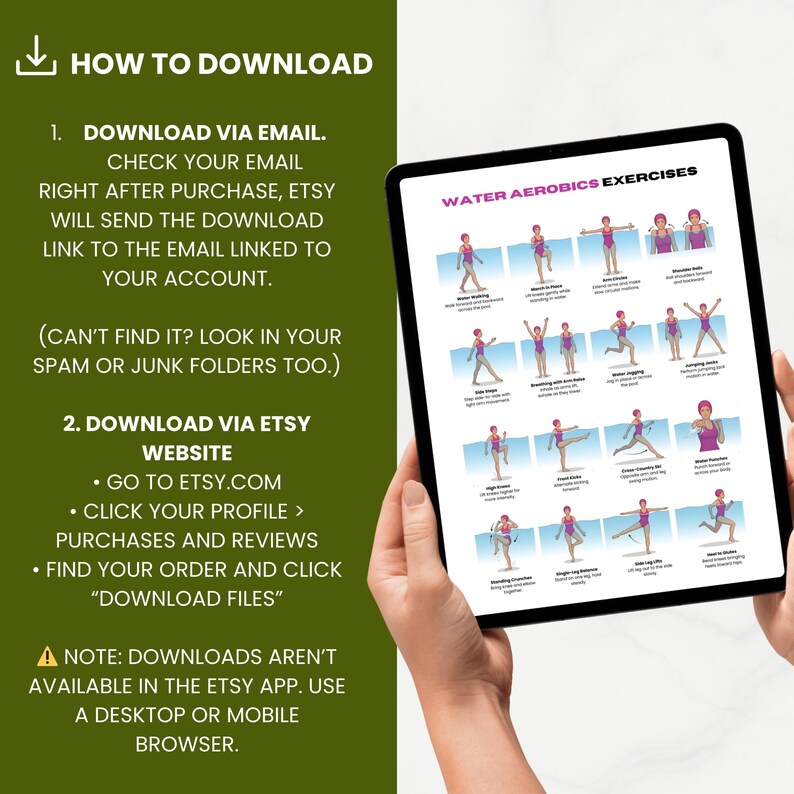 K&ouml;nnte beinhalten: Ein digitales Tablet mit "Wasser-Aerobic-&Uuml;bungen" und &Uuml;bungsillustrationen. Das Tablet wird von H&auml;nden gehalten, mit Download-Anweisungen auf der linken Seite. Der Hintergrund ist gr&uuml;n. Der Text enth&auml;lt Etsy-Download-Anweisungen.