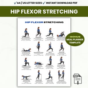 May include: A digital instructional chart titled HIP FLEXOR STRETCHING featuring fourteen illustrated figures demonstrating various exercises with text descriptions, time durations, and a circular badge indicating a bonus meal planner template.