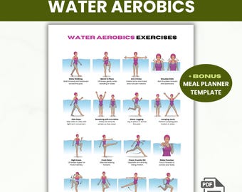Poster mit Wasseraerobic-Übungen, Pool-Workout-Routine, Fitness-Chart mit geringem Einfluss, anfängerfreundliche Wasserübung, druckbare PDF-Datei
