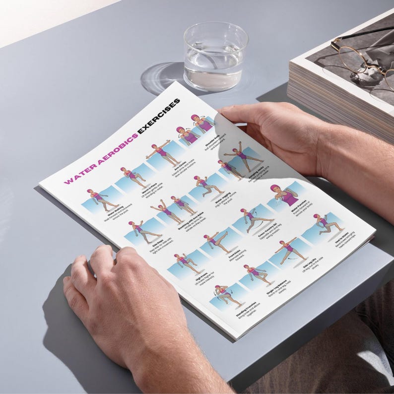 K&ouml;nnte beinhalten: Eine Person h&auml;lt einen gedruckten Ratgeber mit dem Titel &bdquo;WATER AEROBICS EXERCISES&ldquo;. Der Ratgeber enth&auml;lt Illustrationen verschiedener Wassergymnastik-&Uuml;bungen mit Textbeschreibungen. Das Farbschema umfasst Blau, Rosa und Wei&szlig;, mit einem Glas Wasser im Hintergrund.