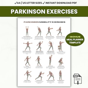 Könnte beinhalten: Ein druckbares PDF-Dokument mit dem Titel "Parkinson-Übungen" mit Illustrationen von Mobilitätsübungen. Das Dokument enthält Anweisungen für verschiedene Übungen, wie z. B. Greifen, Treten und Gewichtsverlagerung. Eine Bonus-Mahlzeitenplanvorlage ist ebenfalls enthalten.