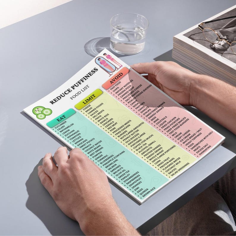 May include: A printed food list titled "Reduce Puffiness" with three sections: "Eat," "Limit," and "Avoid." The "Eat" section lists healthy foods such as cucumber, watermelon, and avocado. The "Limit" section includes cheese, bread, and pasta. The "Avoid" section lists fast food, chips, and instant noodles.