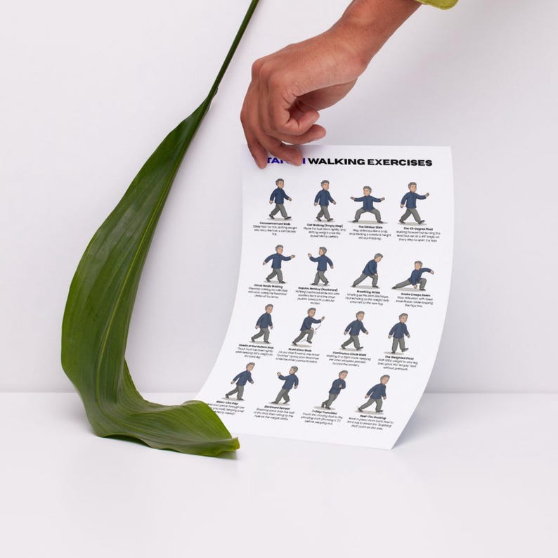 May include: A white poster titled "Walking Exercises" featuring illustrations of various walking techniques. The poster is held by a hand, with a large green leaf in the foreground. The exercises are demonstrated by stick figures.