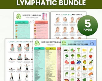 Schema di drenaggio linfatico, Pacchetto per ridurre il gonfiore, Massaggio facciale Gua Sha, Lista di alimenti per ridurre il gonfiore, PDF stampabile per la perdita di peso