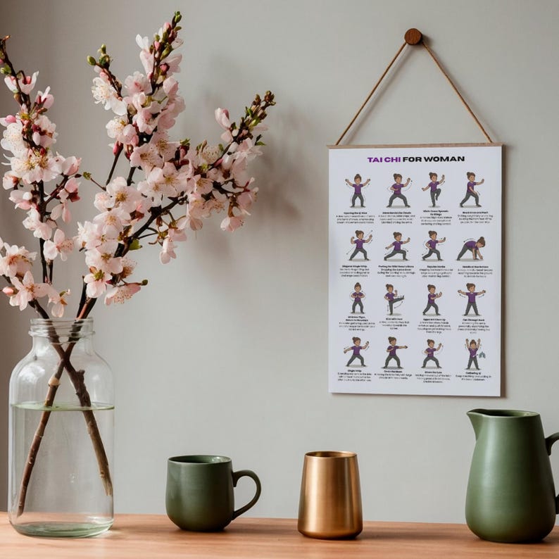 May include: A wall-mounted poster with the text "TAI CHI FOR WOMAN" displays illustrated Tai Chi poses. A clear glass vase holds pink flowering branches. A green mug, a gold-colored vase, and a green pitcher sit on a wooden surface.