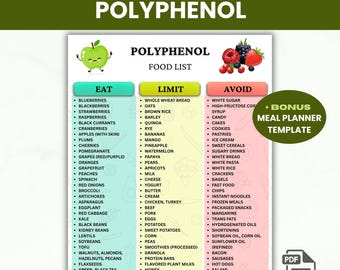 Polyphenol Food List Printable PDF, Antioxidant Foods Chart, Anti Inflammatory Diet, Gut Health & Longevity Foods, Meal Planner PDF