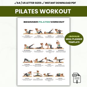 Mat Pilates Exercises, Printable Pilates for Beginners Routine Chart, Workout Plan, Meal Planner PDF