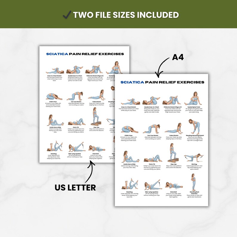 K&ouml;nnte beinhalten: Zwei druckbare Poster mit dem Text "SCIATICA PAIN RELIEF EXERCISES" und Illustrationen von &Uuml;bungen. Eines ist mit "US LETTER" und das andere mit "A4" beschriftet. Der obere Teil des Bildes lautet "TWO FILE SIZES INCLUDED".