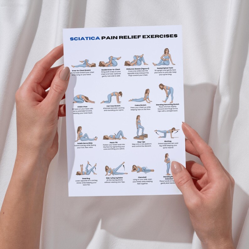 K&ouml;nnte beinhalten: Ein wei&szlig;es Papier mit dem Titel "Sciatica Pain Relief Exercises" wird von H&auml;nden gehalten. Das Papier zeigt illustrierte &Uuml;bungen mit begleitendem Text. Die &Uuml;bungen sollen Ischiasschmerzen lindern. Das Papier befindet sich vor einem wei&szlig;en Hintergrund.