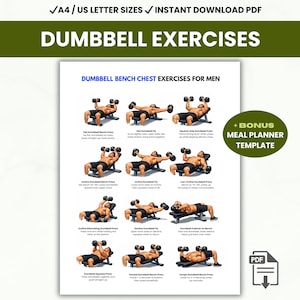 Dumbbell Chest Exercises for Men, Printable Bench Exercise Plan, Upper Body Workout, Meal Planner PDF