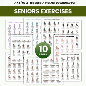 May include: A collection of 10 printable exercise guide pages for seniors, featuring illustrated routines for flexibility, tai chi, hip mobility, fall prevention, knee health, calf workouts, chair yoga, and resistance band training in A4 and US letter sizes.