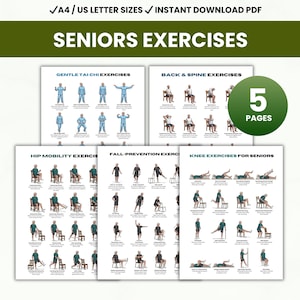 May include: A set of five exercise guides for seniors, featuring illustrations of various exercises. The guides cover gentle Tai Chi, back and spine exercises, hip mobility, fall prevention, and knee exercises. The text "SENIORS EXERCISES" is displayed prominently.