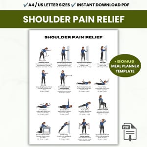 May include: A digital document titled SHOULDER PAIN RELIEF featuring sixteen illustrated exercise diagrams with text instructions for each movement. The layout includes a bonus meal planner template note and a PDF download icon at the bottom right.