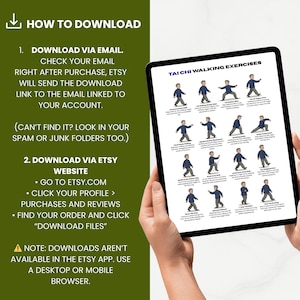 May include: A digital download guide for Tai Chi walking exercises displayed on a tablet. The tablet is held by hands. The screen shows illustrations of various Tai Chi walking techniques. Instructions on how to download the file are on the left.