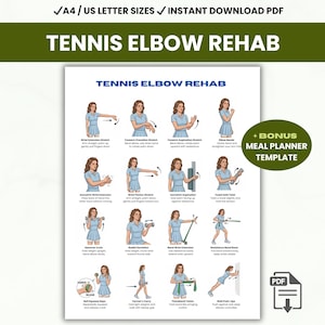 Poster för rehabiliteringsövningar för tennisarmbåge, diagram för lindring av handledssmärta, lindring av tennisarmbåge, rehabiliteringsträning för underarm, utskrivbar PDF för handledsstöd
