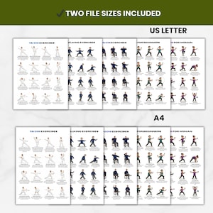 May include: A set of Tai Chi exercise charts in US Letter and A4 sizes. The charts display various Tai Chi movements, including walking exercises and exercises for beginners and women. The text "TWO FILE SIZES INCLUDED" is at the top.