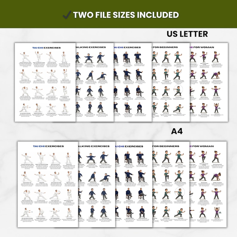 May include: A set of Tai Chi exercise charts in US Letter and A4 sizes. The charts display various Tai Chi movements, including walking exercises and exercises for beginners and women. The text "TWO FILE SIZES INCLUDED" is at the top.