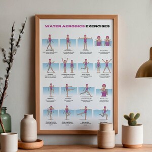 K&ouml;nnte beinhalten: Ein gerahmtes Poster mit dem Titel "Water Aerobics Exercises" zeigt Illustrationen verschiedener Wasser&uuml;bungen. Das Poster befindet sich in einem hellbraunen Holzrahmen und wird auf einer Holzoberfl&auml;che pr&auml;sentiert. Dekorative Vasen und ein kleiner Kaktus im Topf sind ebenfalls zu sehen.