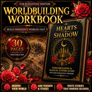 May include: A fantasy writing workbook titled "Worldbuilding Workbook" with the book "Hearts of Shadow" on the cover. The image includes the text "Build Immersive Worlds Fast" and "30 Pages Printable PDF." The design features roses and a castle illustration.