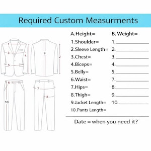 May include: Diagram illustrating required custom measurements for a suit, including height, weight, shoulder, sleeve length, chest, biceps, belly, waist, hips, thigh, jacket length, and pants length. The text "Required Custom Measurements" is at the top.
