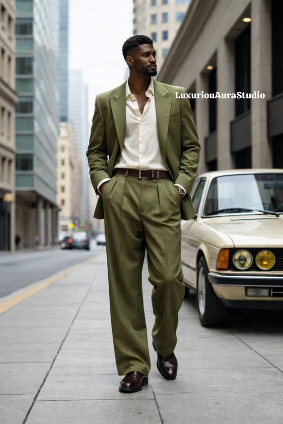 olive green dress suit Men's 3-Piece with Silk Shirt Pink Homecoming Dresses