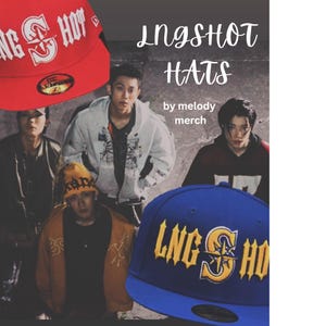 May include: A red baseball cap with white text and a blue baseball cap with yellow text, both featuring the words LNG SHOT. The image includes the text LNGSHOT HATS by melody merch and a group of four individuals wearing casual clothing and headwear.